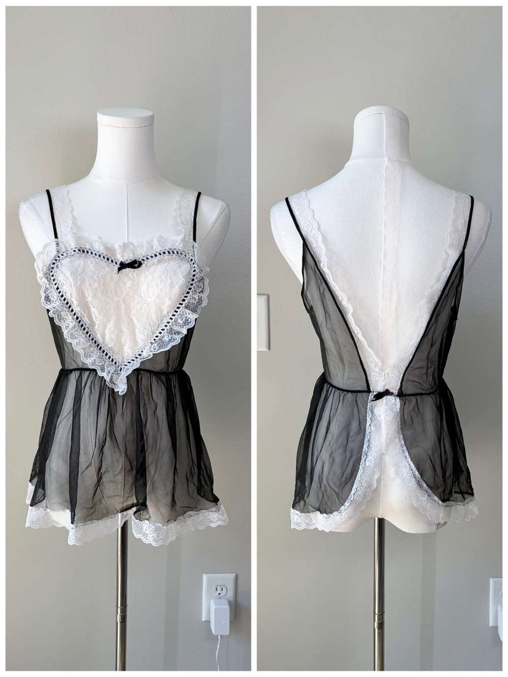 Vintage Black and White Sheer Heart Shaped Lace Bib Mesh Babydoll Lingerie Top